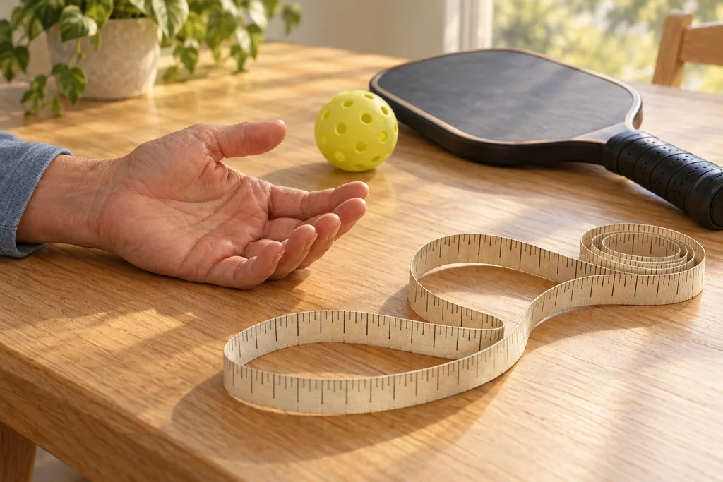 Un mètre ruban posé à côté d'une main ouverte et d'une raquette de pickleball sur une table.