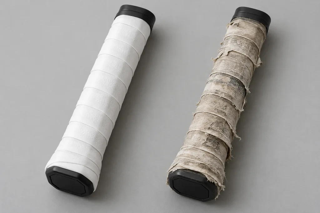 Un surgrip usé, lisse et effiloché, comparé à un surgrip neuf sur une raquette.