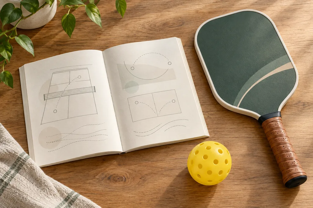 Un règlement ouvert sur une table à côté d'une raquette de pickleball.