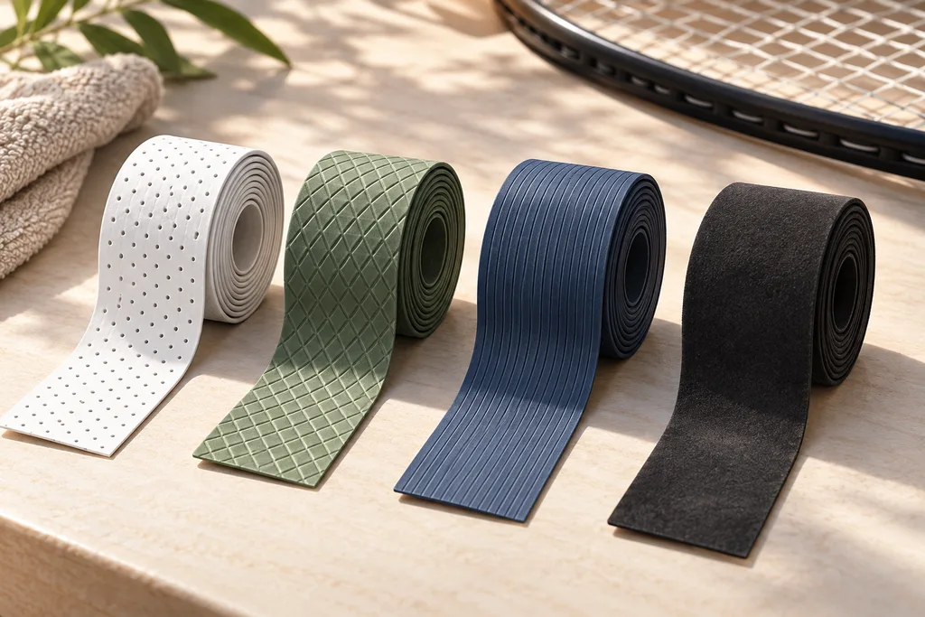 Plusieurs rouleaux de surgrip de textures différentes alignés sur une table.